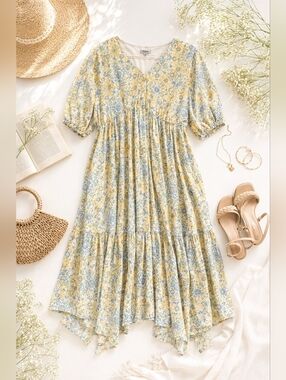 Polagram Pastel S Sleeve Lined Boho Flowy Midi Dress. Ladies Small
